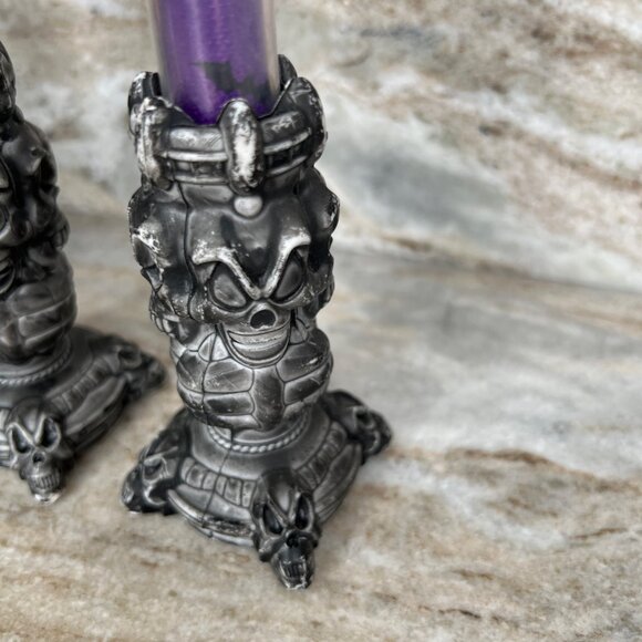 Set Of 4 Gothic Halloween LED Candles Skull Bases Orange & Purple READ - Picture 2 of 9